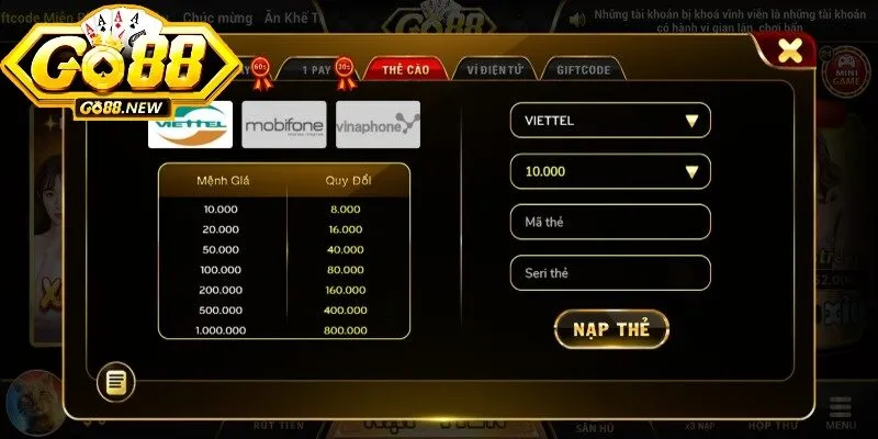 Nạp tiền GO88 qua thẻ cào 100% miễn phí không nên bỏ qua